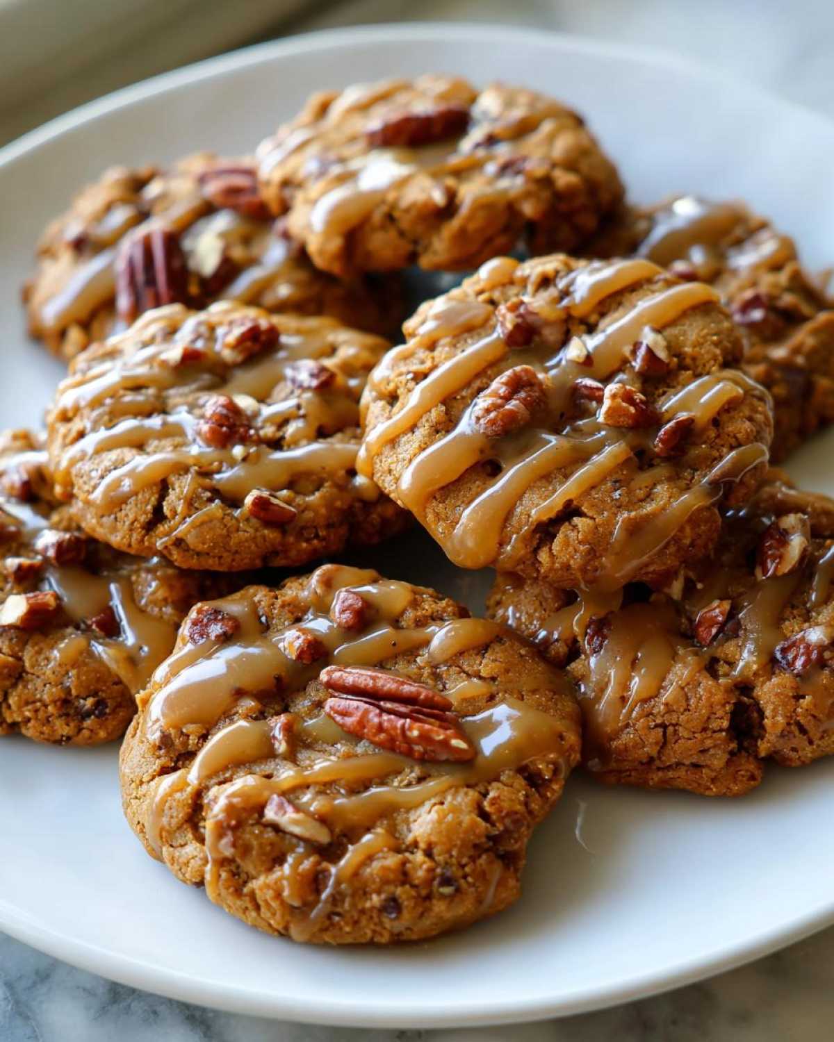 A stack of chewy maple cookies drizzled with maple glaze and topped with pecans on a white plate.