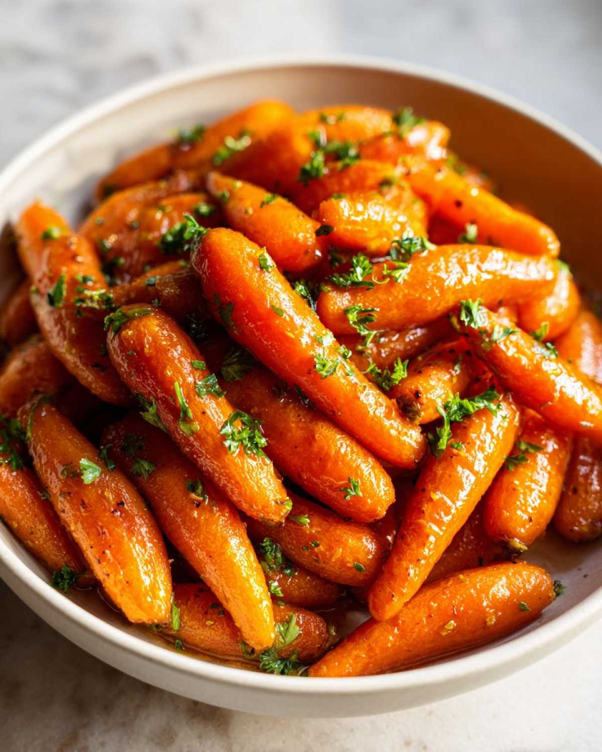 Close-up of a bowl filled with vibrant maple glazed carrots, garnished with fresh parsley.