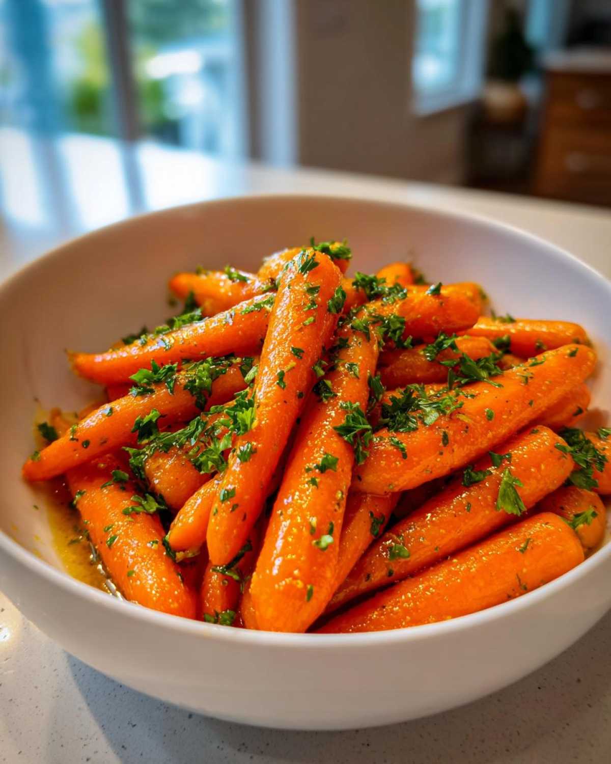 A white bowl filled with bright orange maple glazed carrots, garnished with fresh parsley.