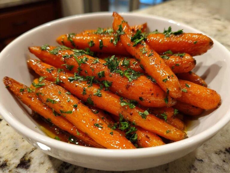 Close-up of a white bowl filled with vibrant maple glazed carrots, garnished with fresh parsley.