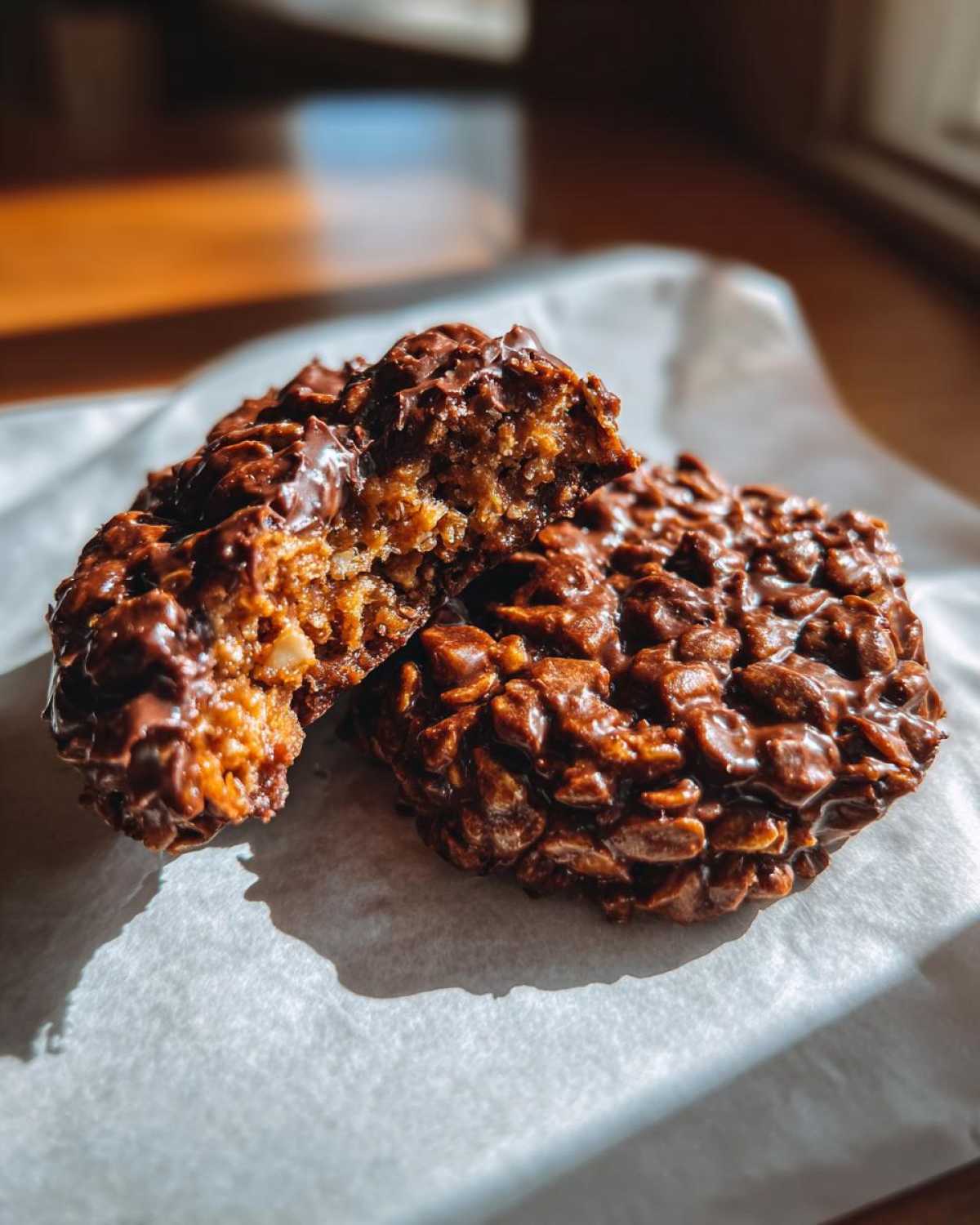A close-up of no-bake chocolate oatmeal cookies, one broken in half to show the texture.