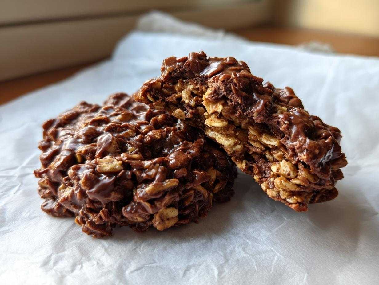 Two no-bake chocolate oatmeal cookies, one broken in half, showing the texture and chocolate coating.
