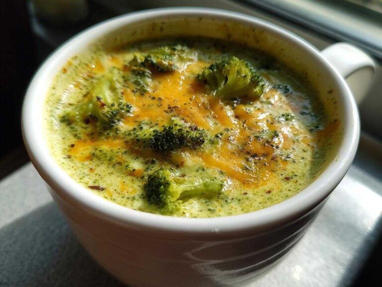 Close-up of Panera broccoli cheddar soup copycat in a white mug, topped with melted cheddar and broccoli florets.