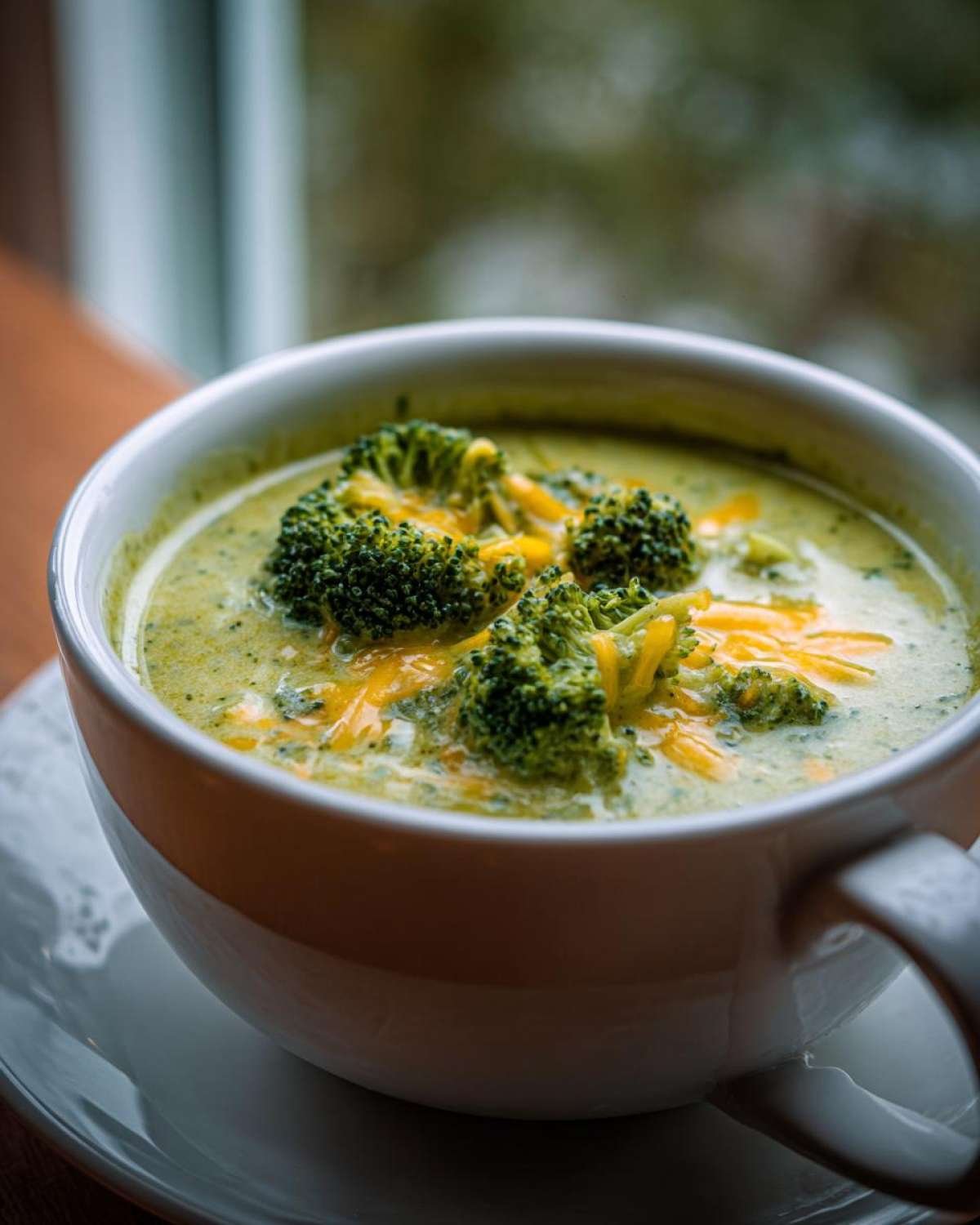 Close-up of Panera broccoli cheddar soup copycat in a white bowl, topped with broccoli florets and shredded cheddar cheese.