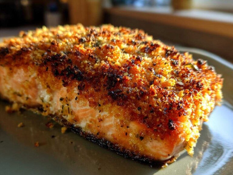 A close-up of parmesan crusted baked salmon, showcasing the crispy topping and flaky fish.