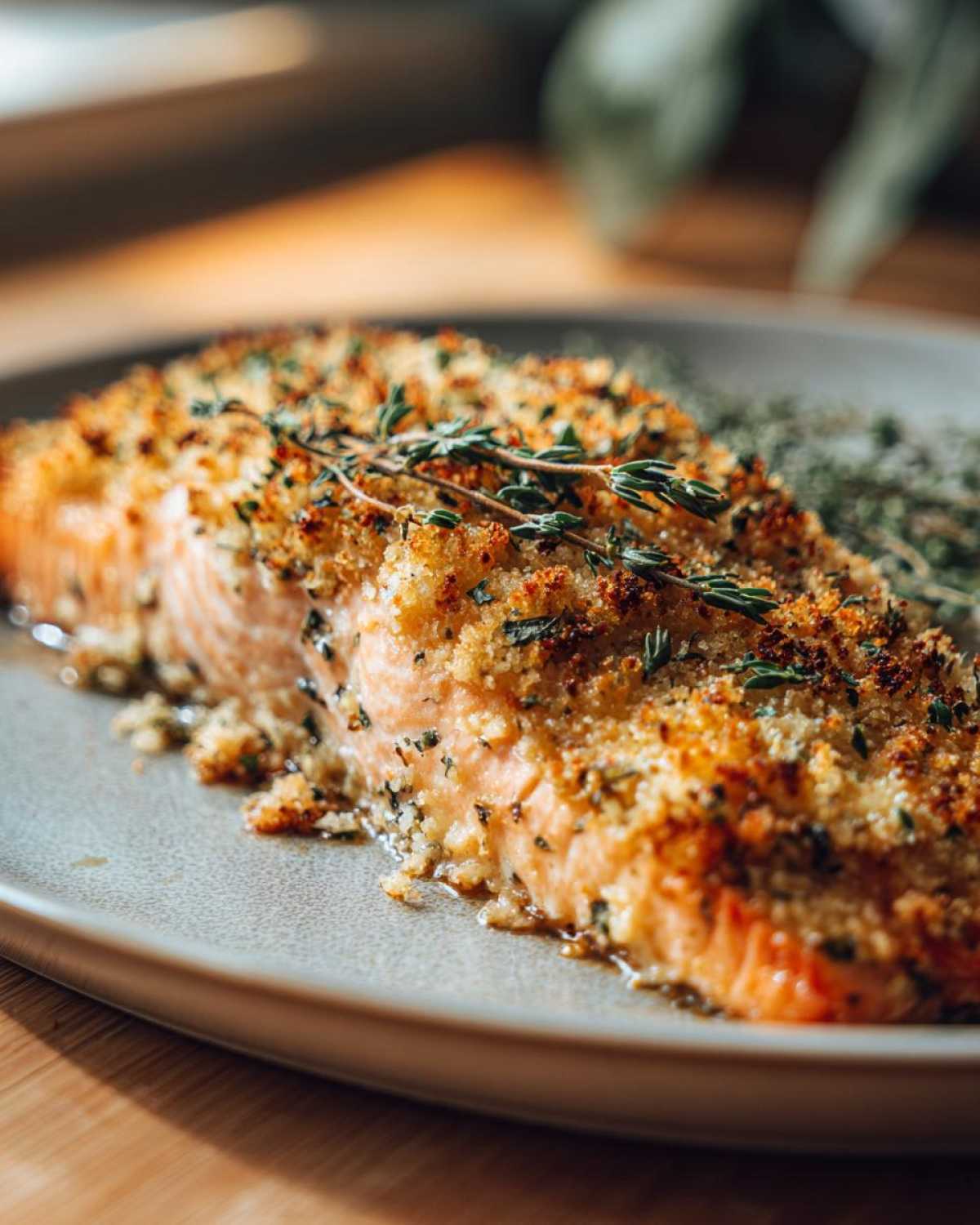 Close-up of parmesan crusted baked salmon fillet, garnished with thyme, on a plate.