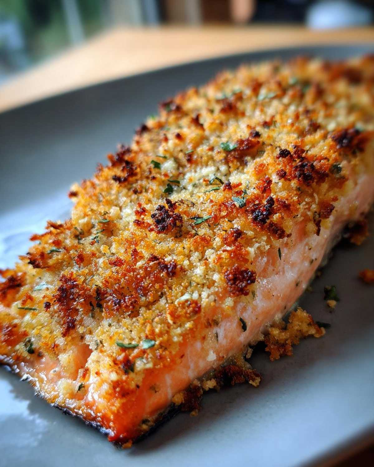 A perfectly cooked fillet of parmesan crusted baked salmon on a plate, showcasing its golden-brown crust.