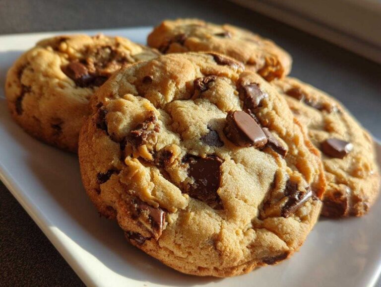 A plate of freshly baked peanut butter chocolate chip cookies, golden brown and studded with chocolate chunks.