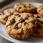 Close-up of homemade peanut butter chocolate chip cookies on a white plate.