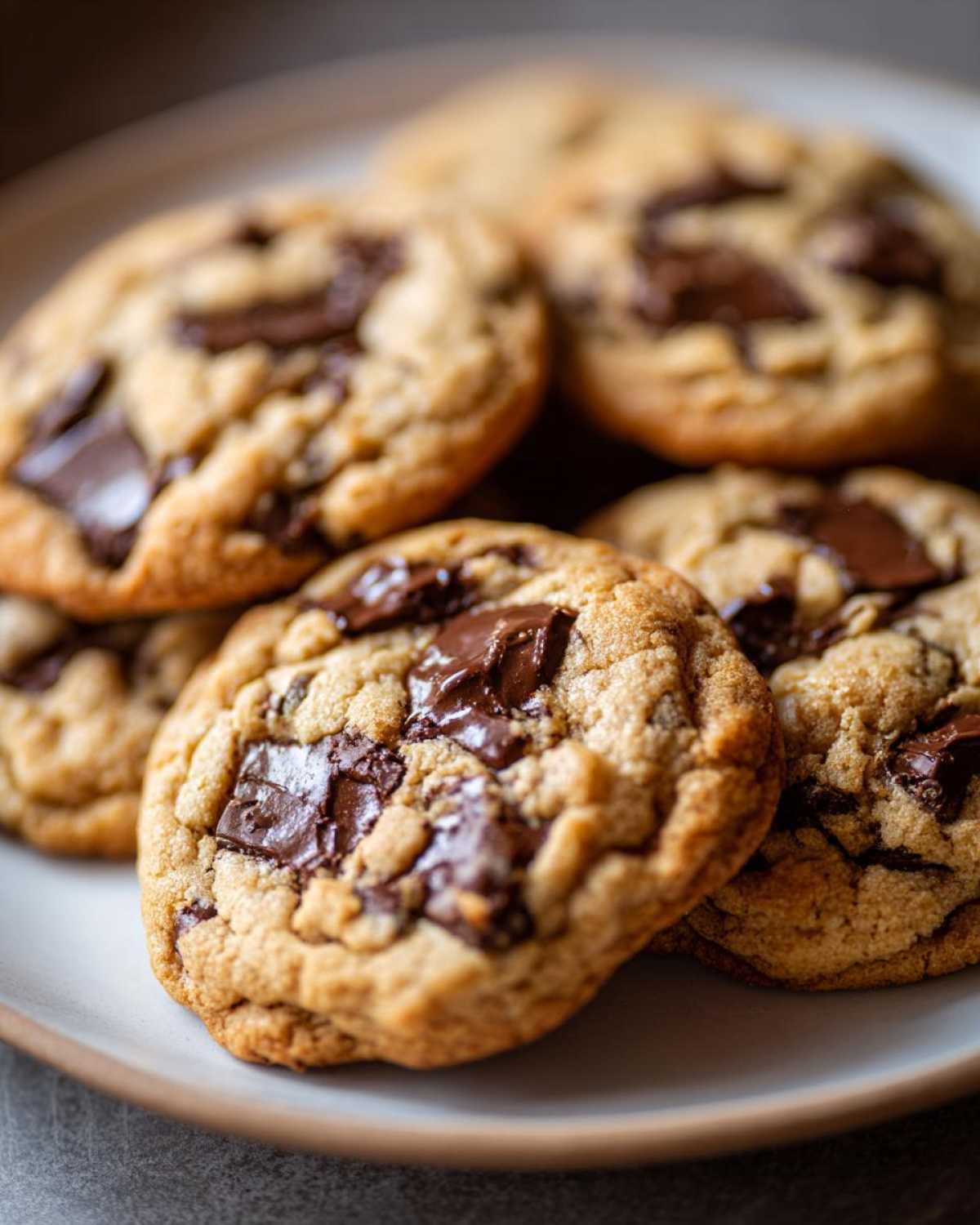 A plate of freshly baked peanut butter chocolate chip cookies with melted chocolate chunks.