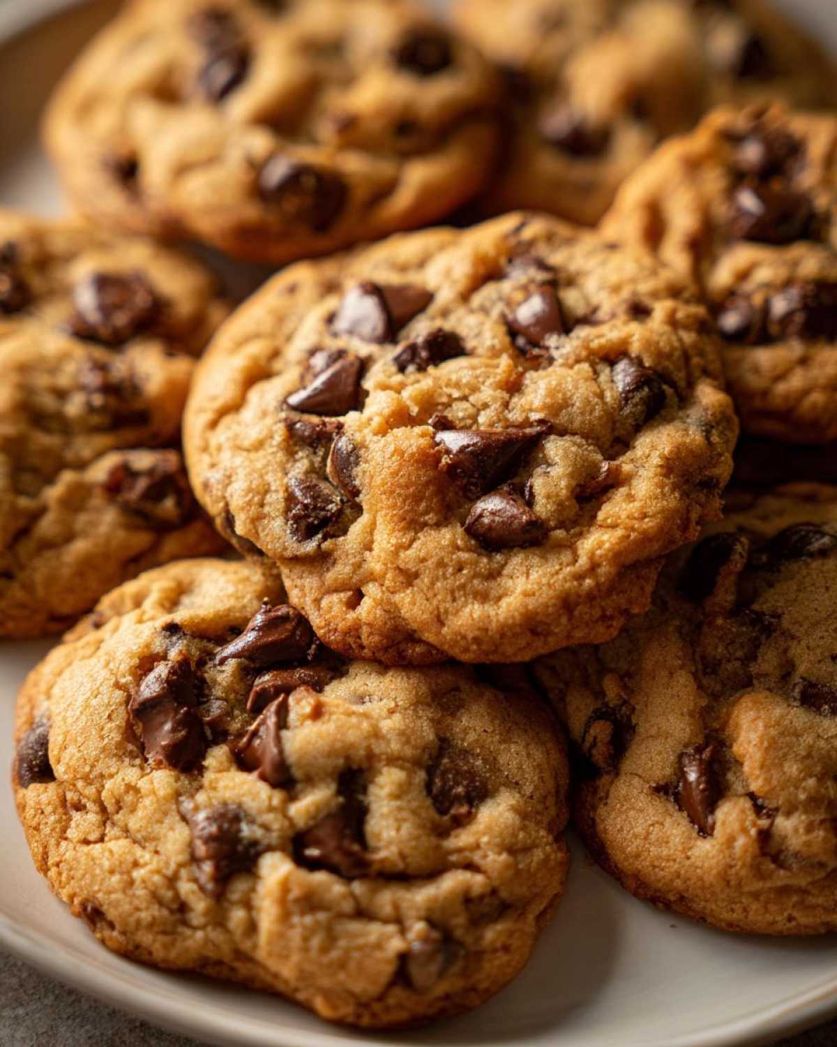 A tempting pile of freshly baked peanut butter chocolate chip cookies on a plate.
