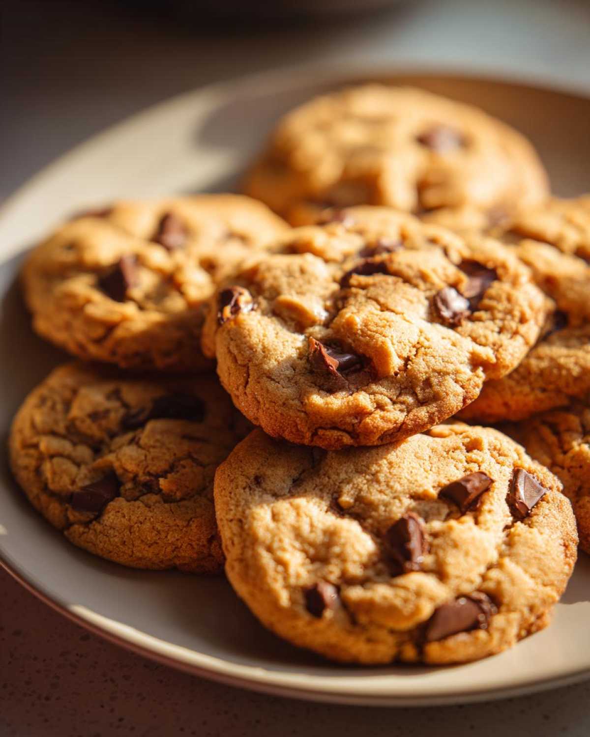 A stack of freshly baked peanut butter chocolate chip cookies on a plate, ready to eat.