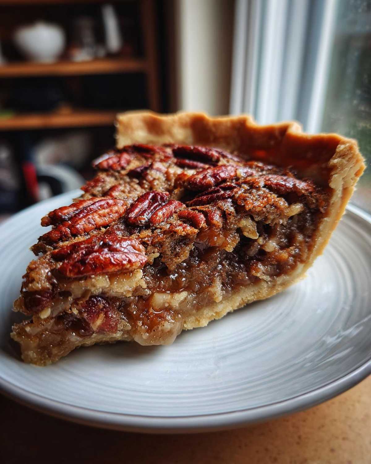 A delicious slice of pecan pie cobbler with a flaky crust and pecan topping on a plate.