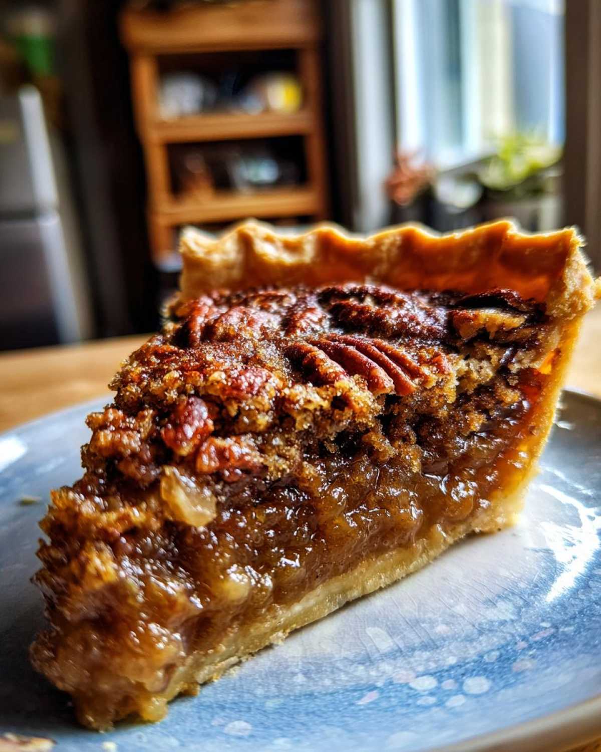 A delicious slice of pecan pie cobbler on a blue plate, showcasing the pecan topping and filling.