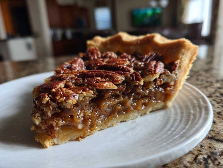 A slice of pecan pie cobbler on a white plate, showcasing the flaky crust and pecan filling.