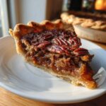A delicious slice of pecan pie cobbler on a white plate, showcasing the pecan topping and filling.