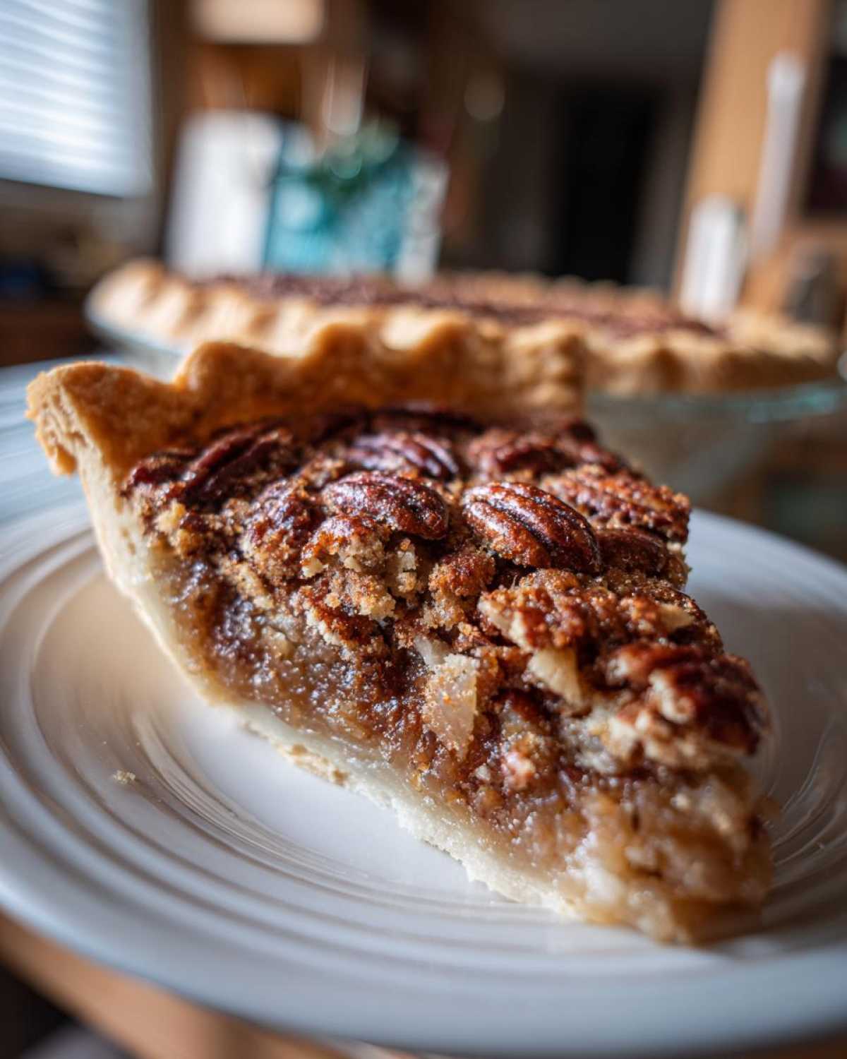 A slice of pecan pie cobbler on a white plate, showcasing the pecan topping and filling.