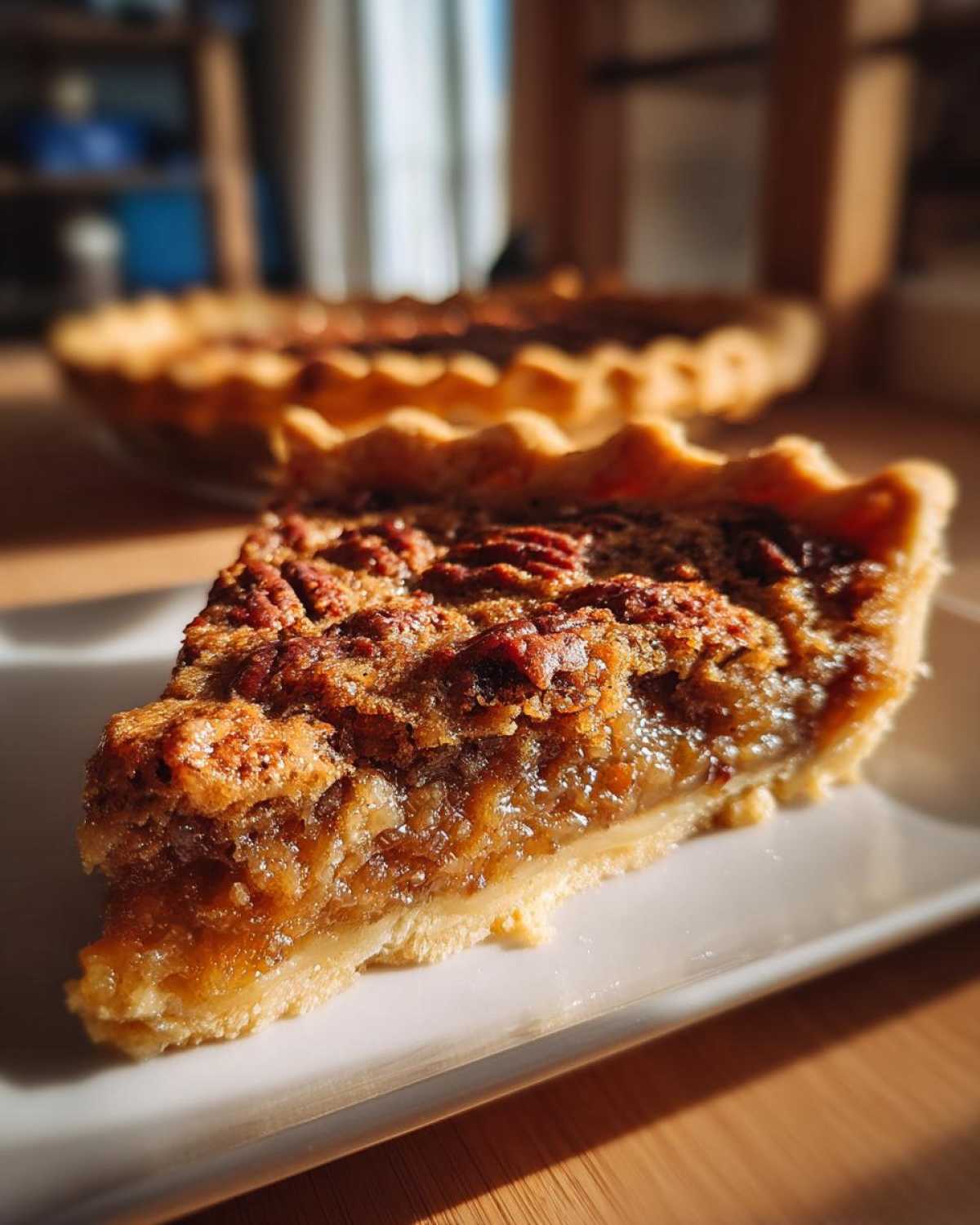 A slice of pecan pie cobbler with a flaky crust and pecan topping, sitting on a white plate.
