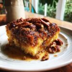 A delicious slice of pecan pie dump cake on a plate, topped with pecans and syrup.