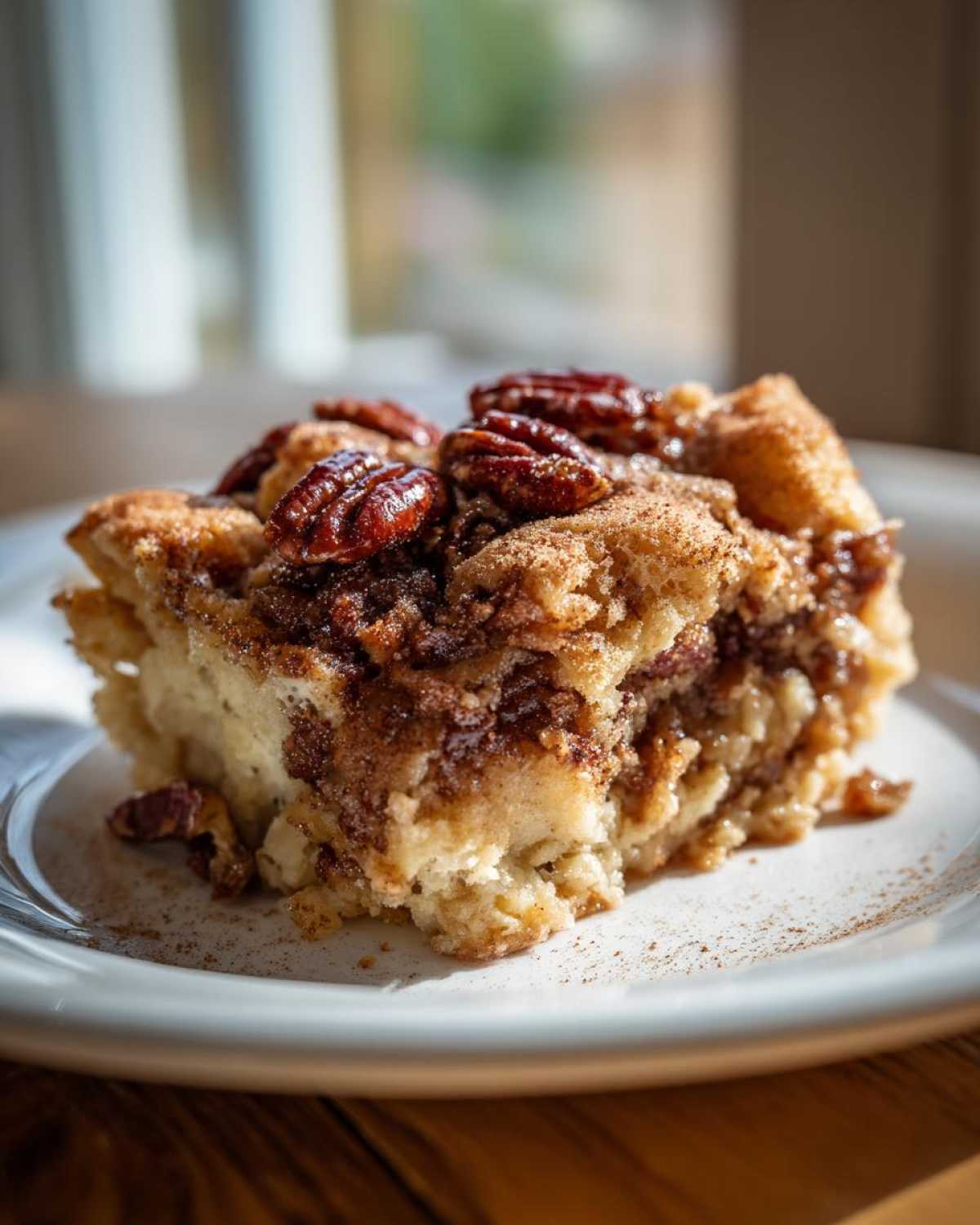 A single slice of pecan pie dump cake on a white plate, topped with pecans and cinnamon.