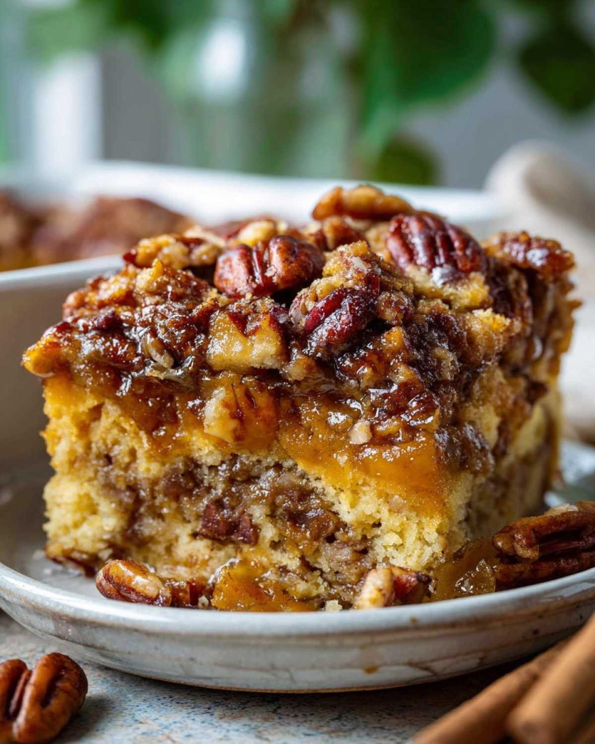 A slice of pecan pie dump cake on a plate, topped with pecans and a caramel glaze.