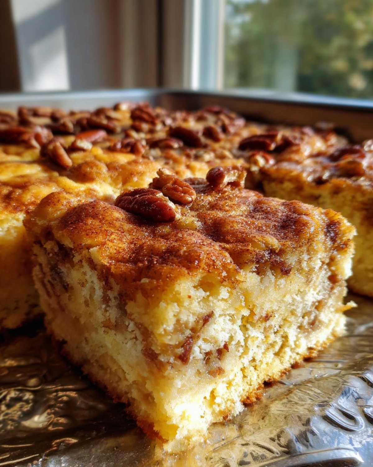 A slice of pecan pie dump cake on a tray, topped with pecans and cinnamon.
