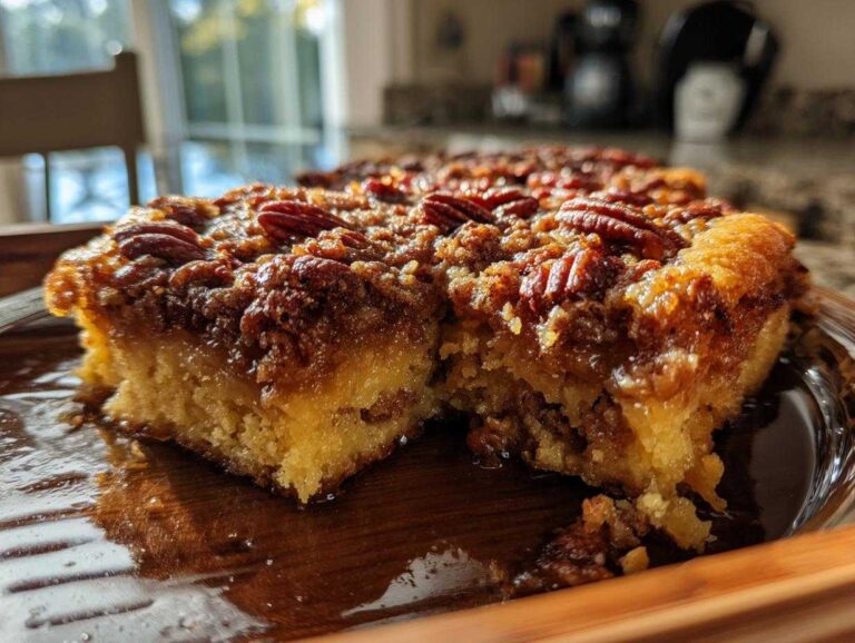 Close-up of a slice of pecan pie dump cake on a wooden tray, showing the pecan topping and cake layers.