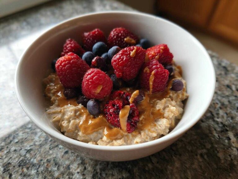 A bowl of protein oatmeal topped with fresh raspberries, blueberries, and a drizzle of peanut butter.