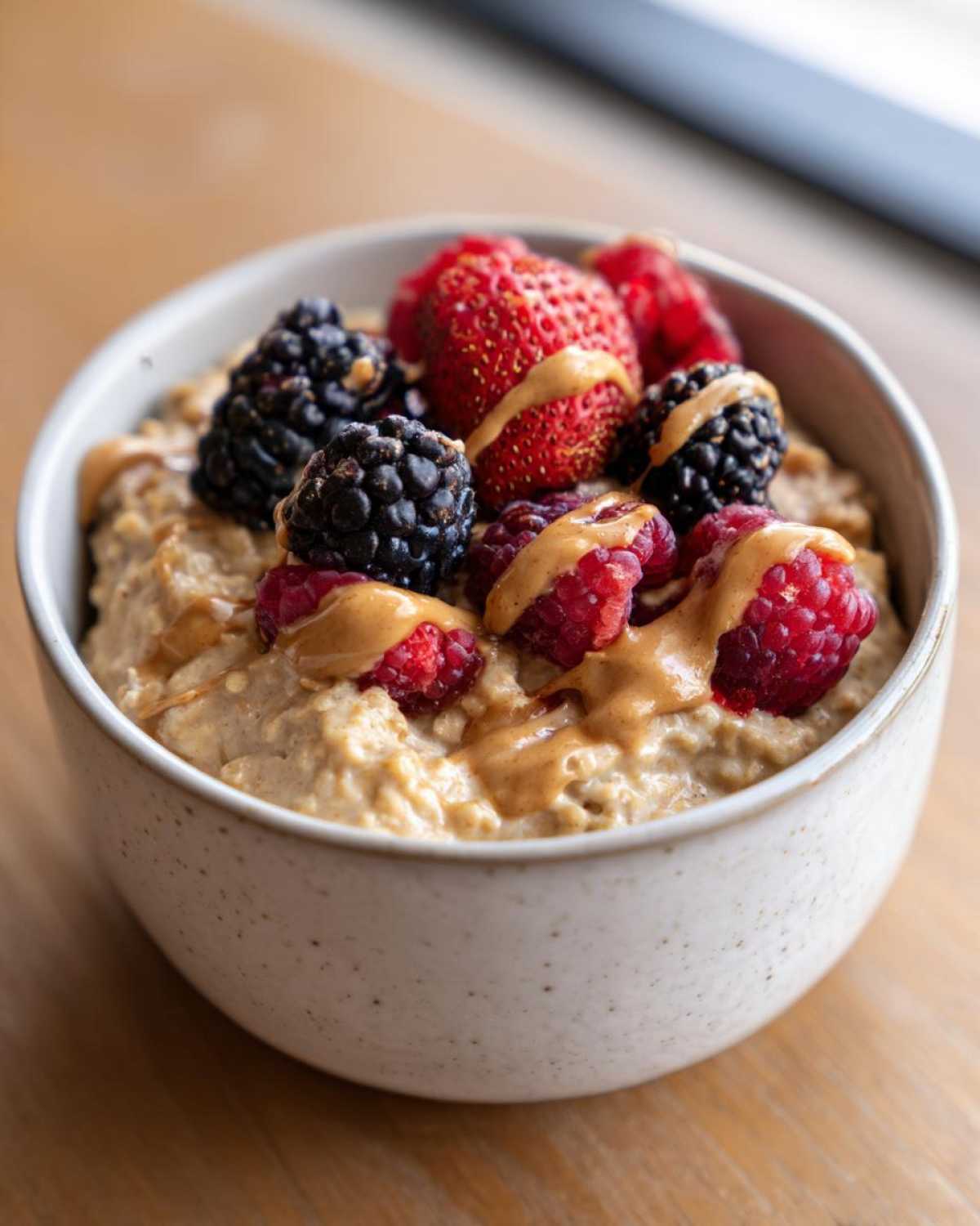 A bowl of protein oatmeal topped with fresh berries and a drizzle of nut butter.