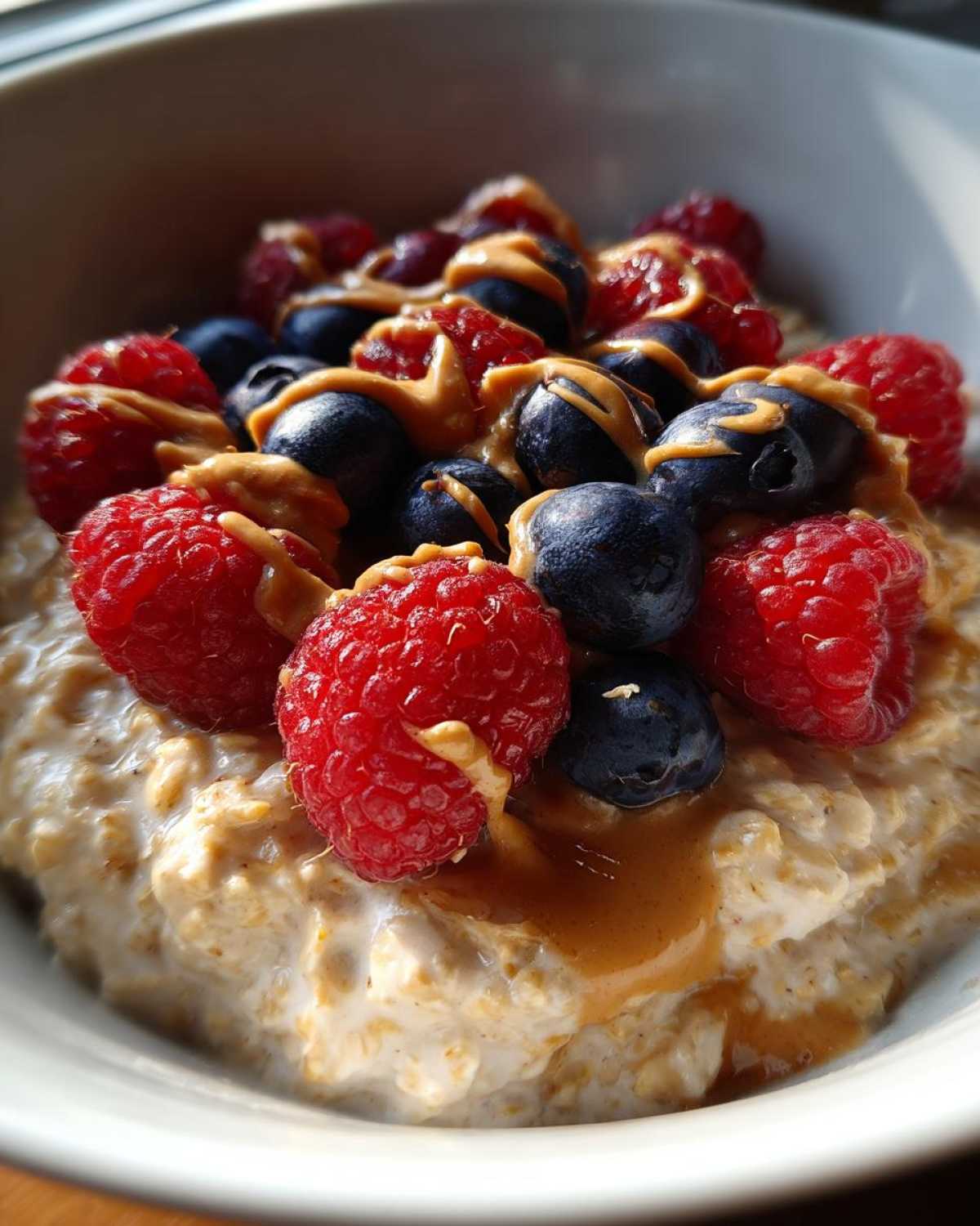 A bowl of protein oatmeal topped with fresh raspberries, blueberries, and a drizzle of peanut butter.