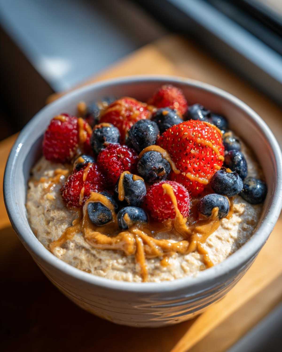A bowl of protein oatmeal topped with fresh strawberries, blueberries, raspberries, and a drizzle of peanut butter.