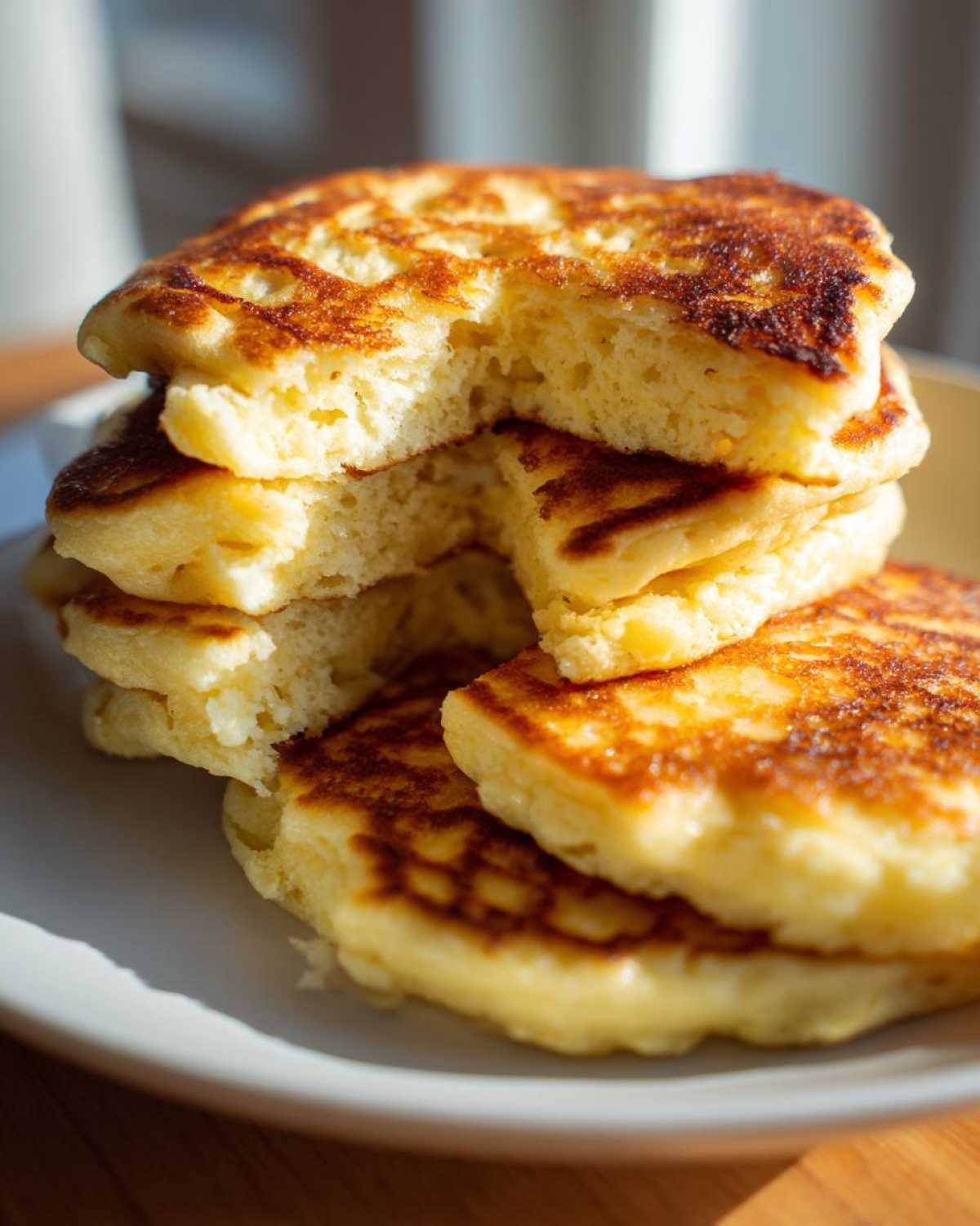 A stack of fluffy Protein Pancake Bowls, with a piece missing, showcasing the texture.