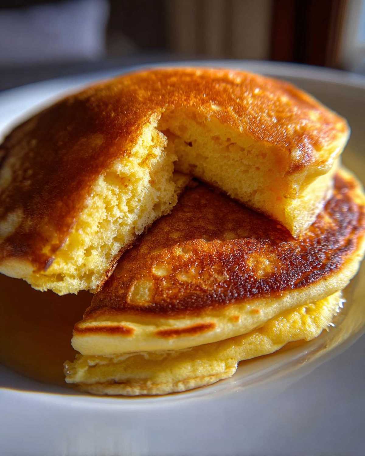 A stack of golden Protein Pancake Bowls, with a piece broken off to show the fluffy interior.
