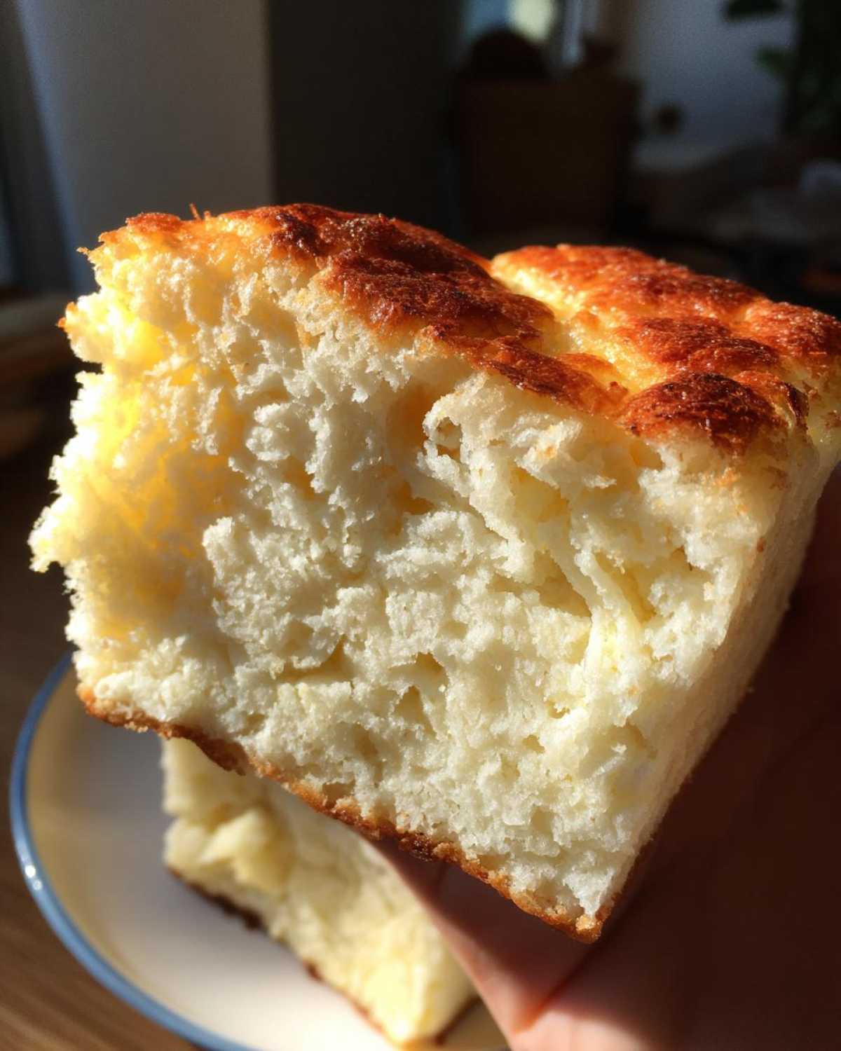Close-up of the fluffy texture of a Protein Pancake Bowls, showcasing its light and airy interior.