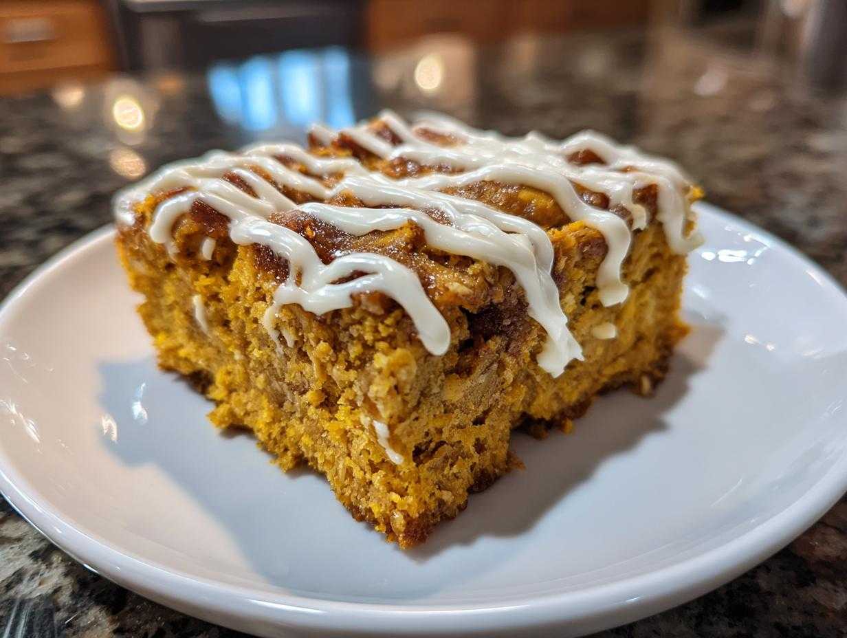 A slice of pumpkin baked oatmeal on a white plate, drizzled with white icing.