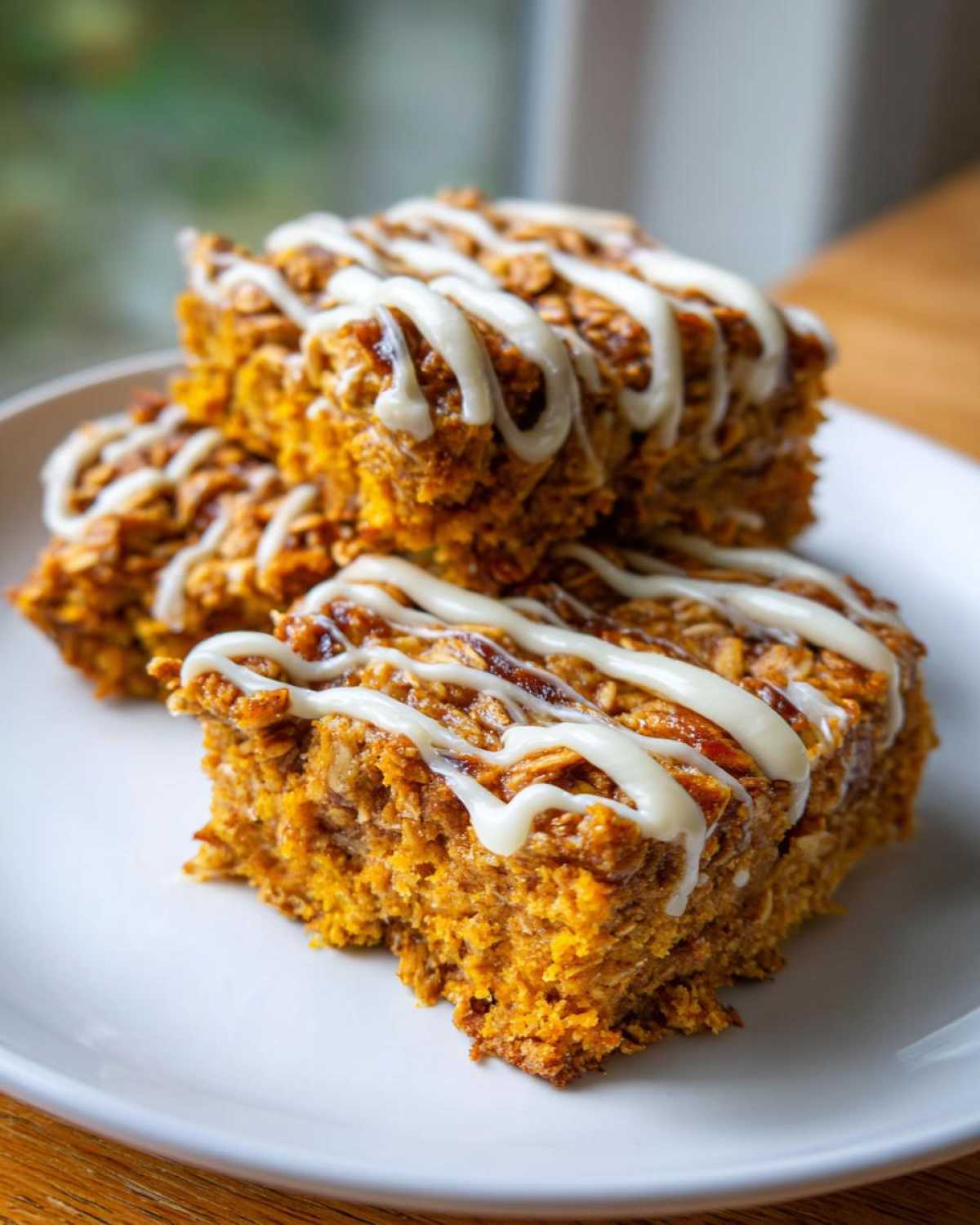 Three squares of pumpkin baked oatmeal stacked on a plate, drizzled with a sweet white glaze.
