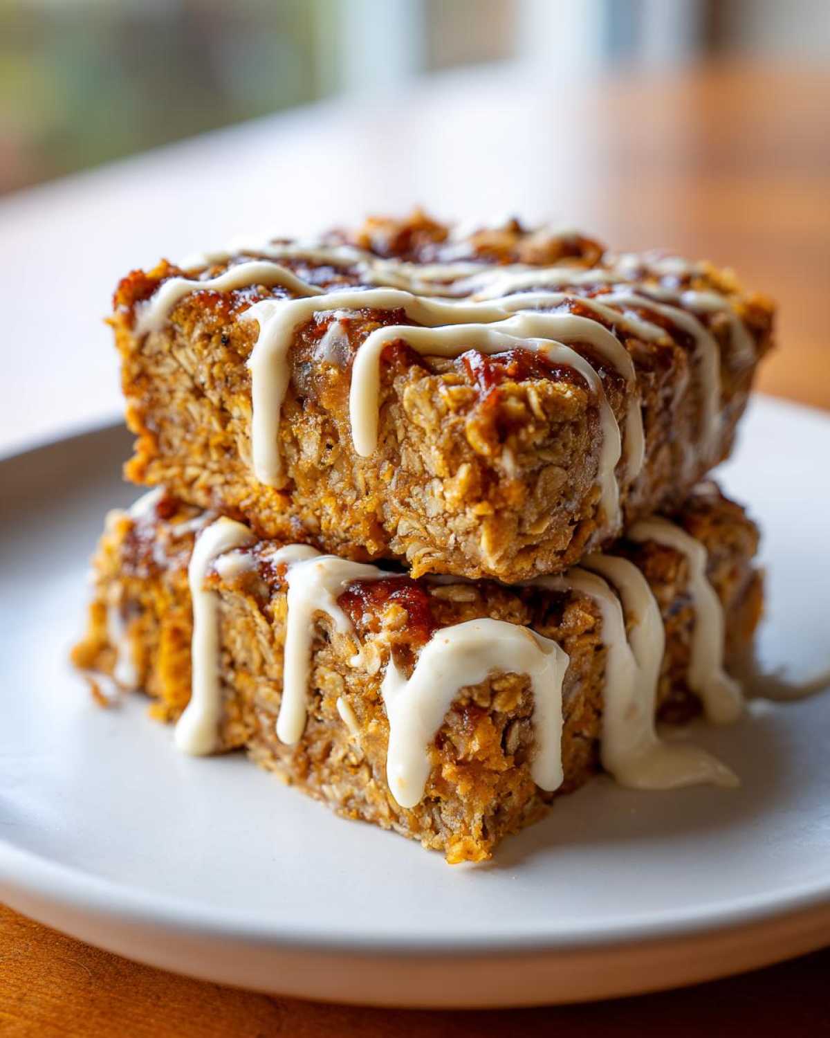 Two squares of pumpkin baked oatmeal stacked on a plate, drizzled with white icing.