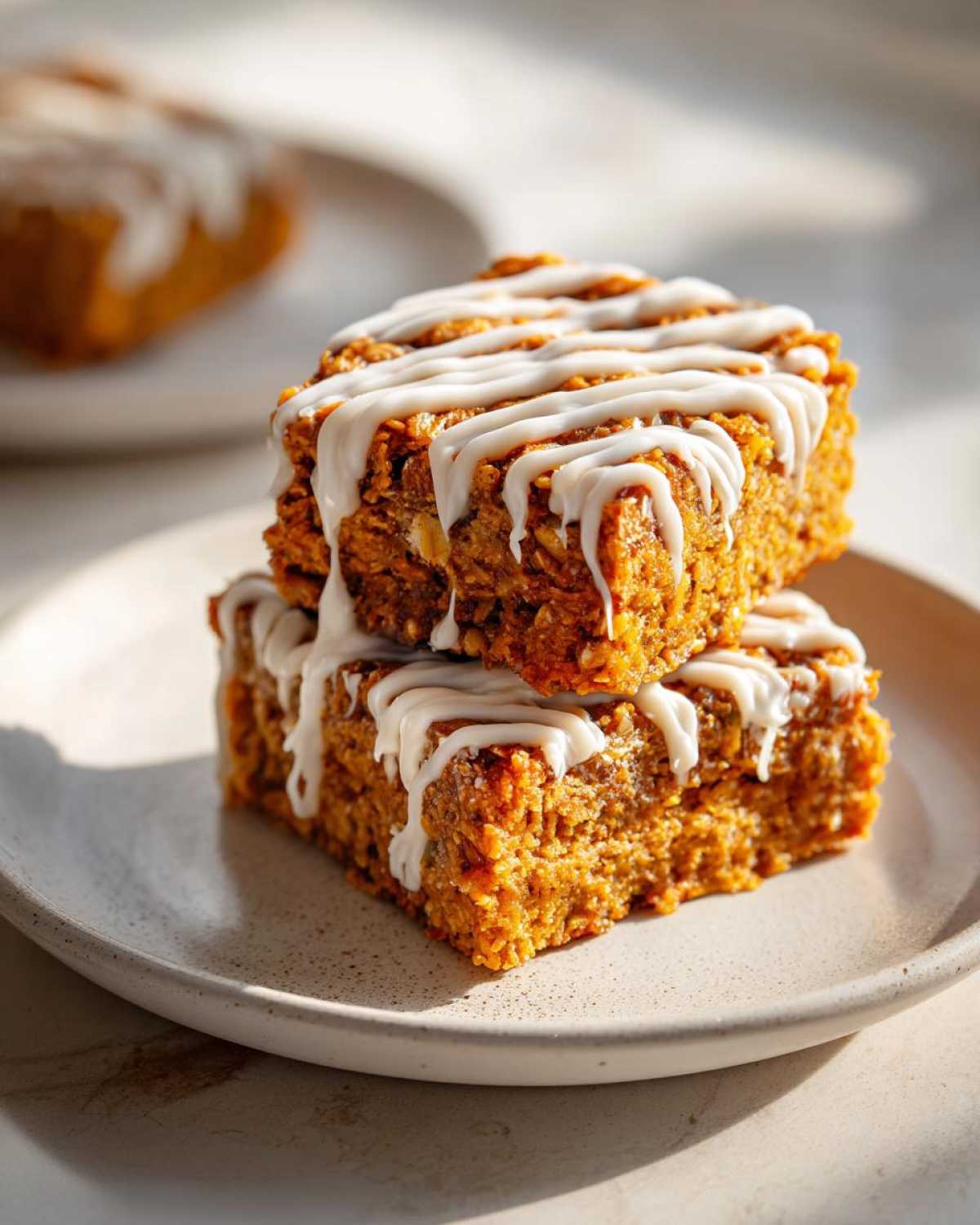 Two squares of pumpkin baked oatmeal stacked on a plate, drizzled with white icing.
