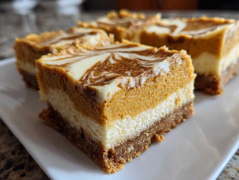 Close-up of layered pumpkin cheesecake bars with a graham cracker crust and a swirl topping.