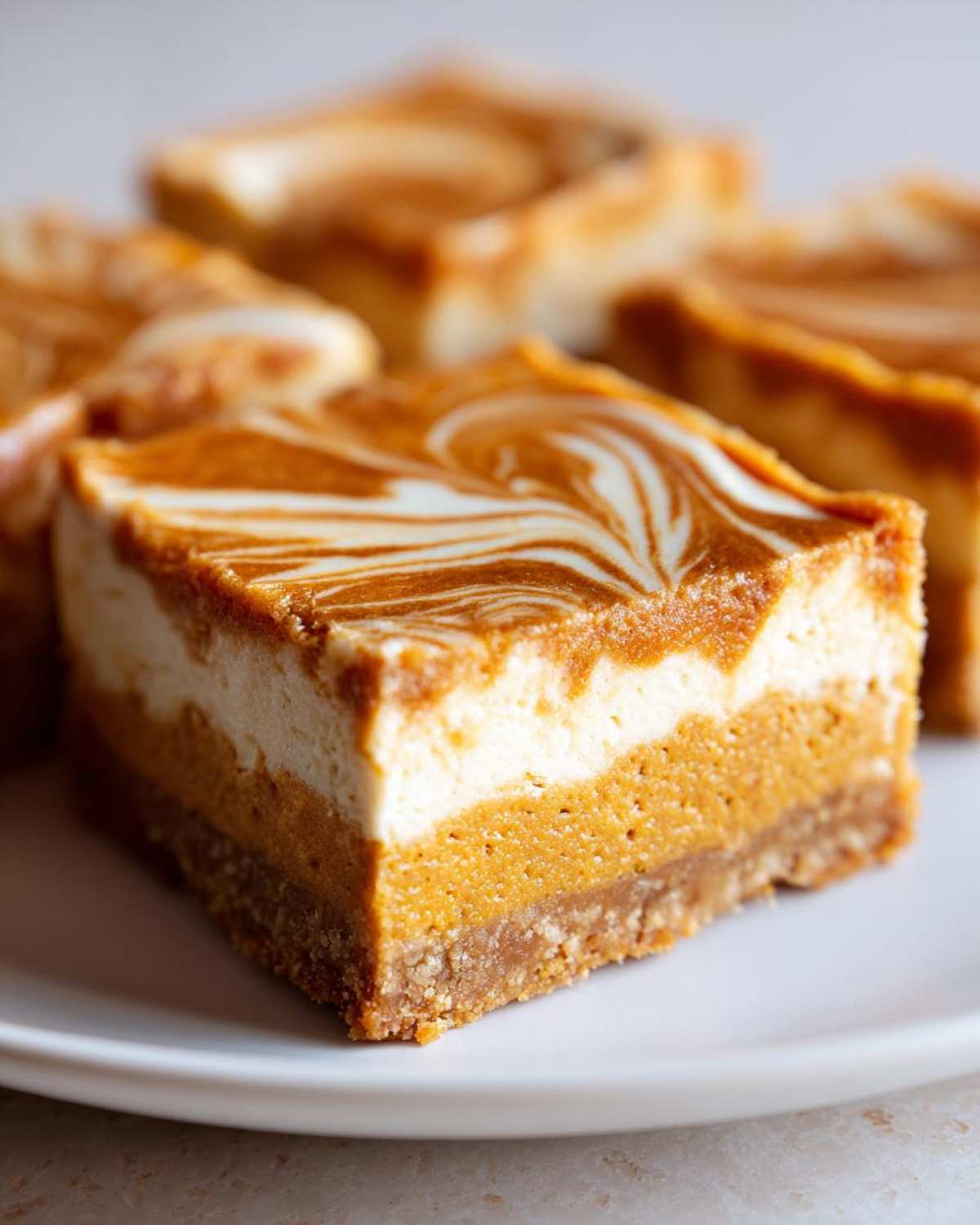 Close-up of pumpkin cheesecake bars with a graham cracker crust and a beautiful swirl topping.