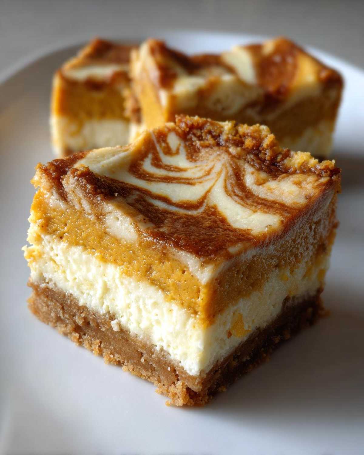 Close-up of pumpkin cheesecake bars with a swirled topping and graham cracker crust.