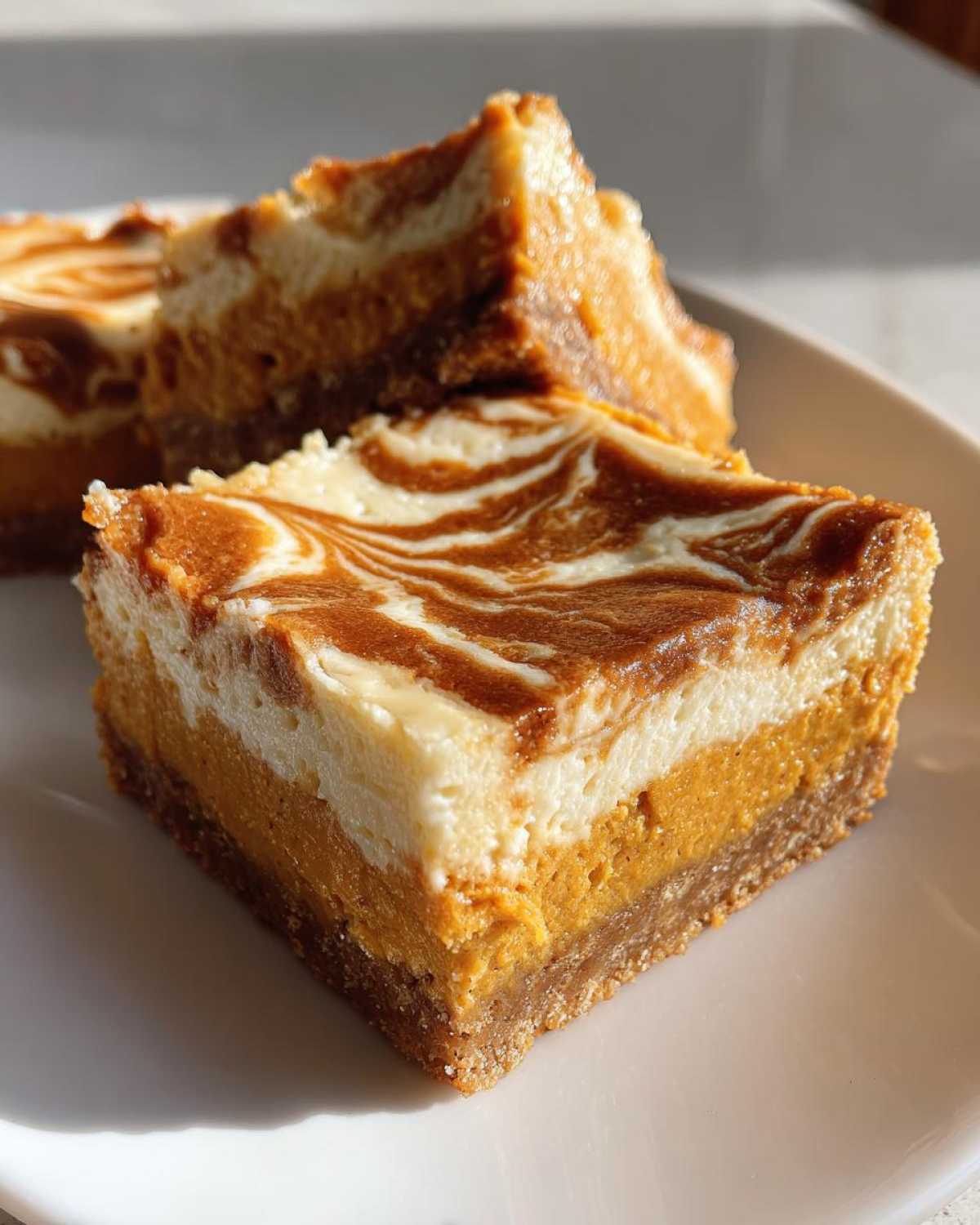 Close-up of layered pumpkin cheesecake bars with a swirled topping on a white plate.