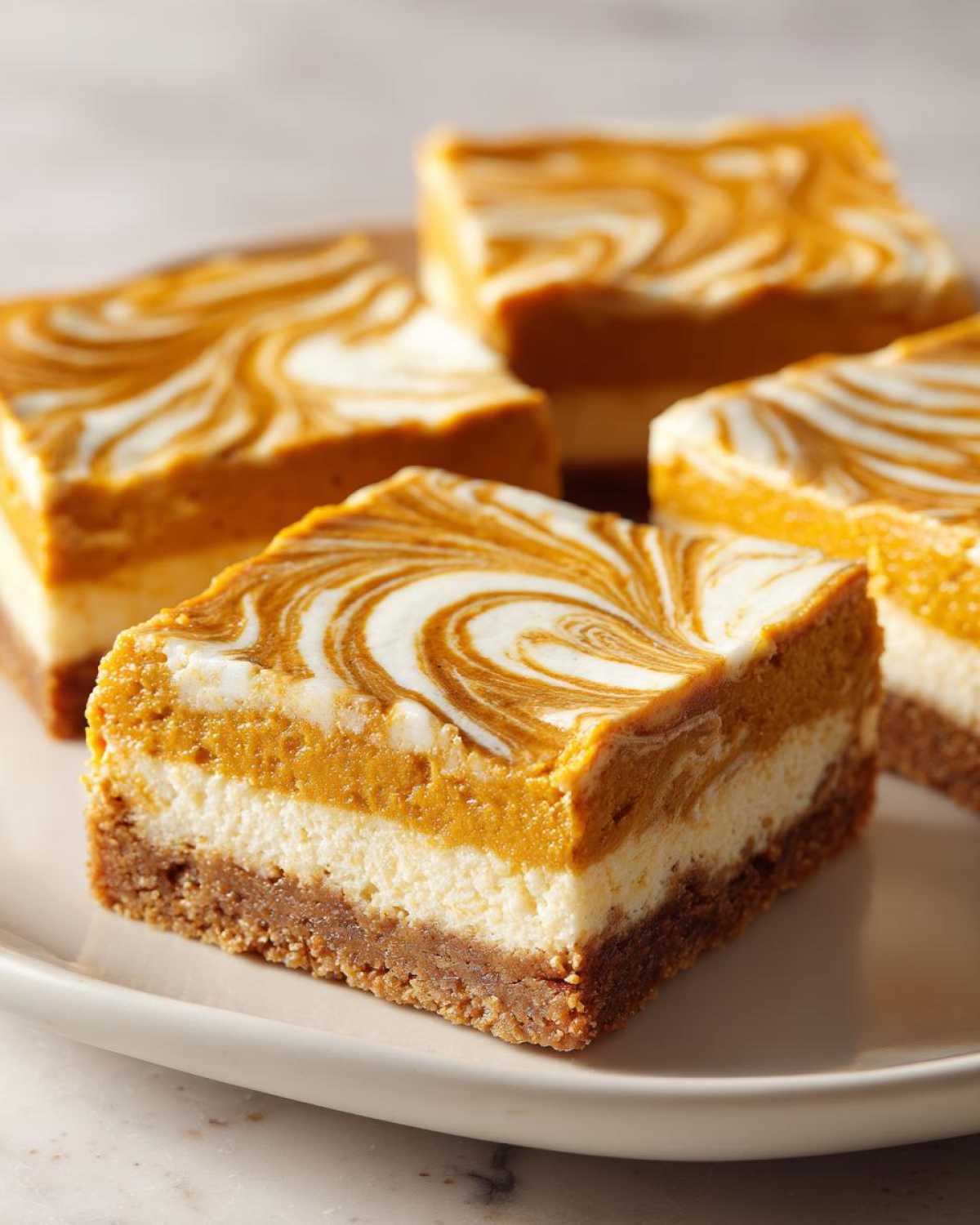Close-up of pumpkin cheesecake bars with a graham cracker crust and a pumpkin swirl topping.