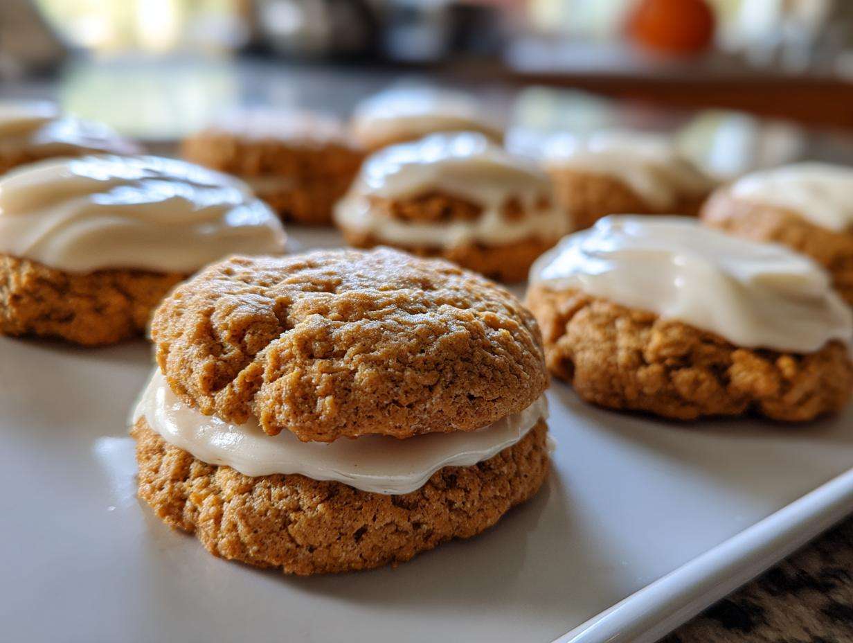 A batch of homemade pumpkin cheesecake cookies, some frosted and one assembled as a sandwich cookie with cream cheese frosting.