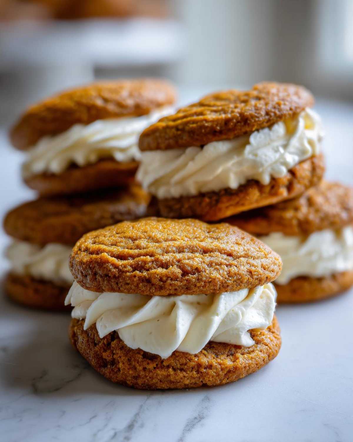 A stack of delicious pumpkin cheesecake cookies filled with creamy cheesecake frosting.