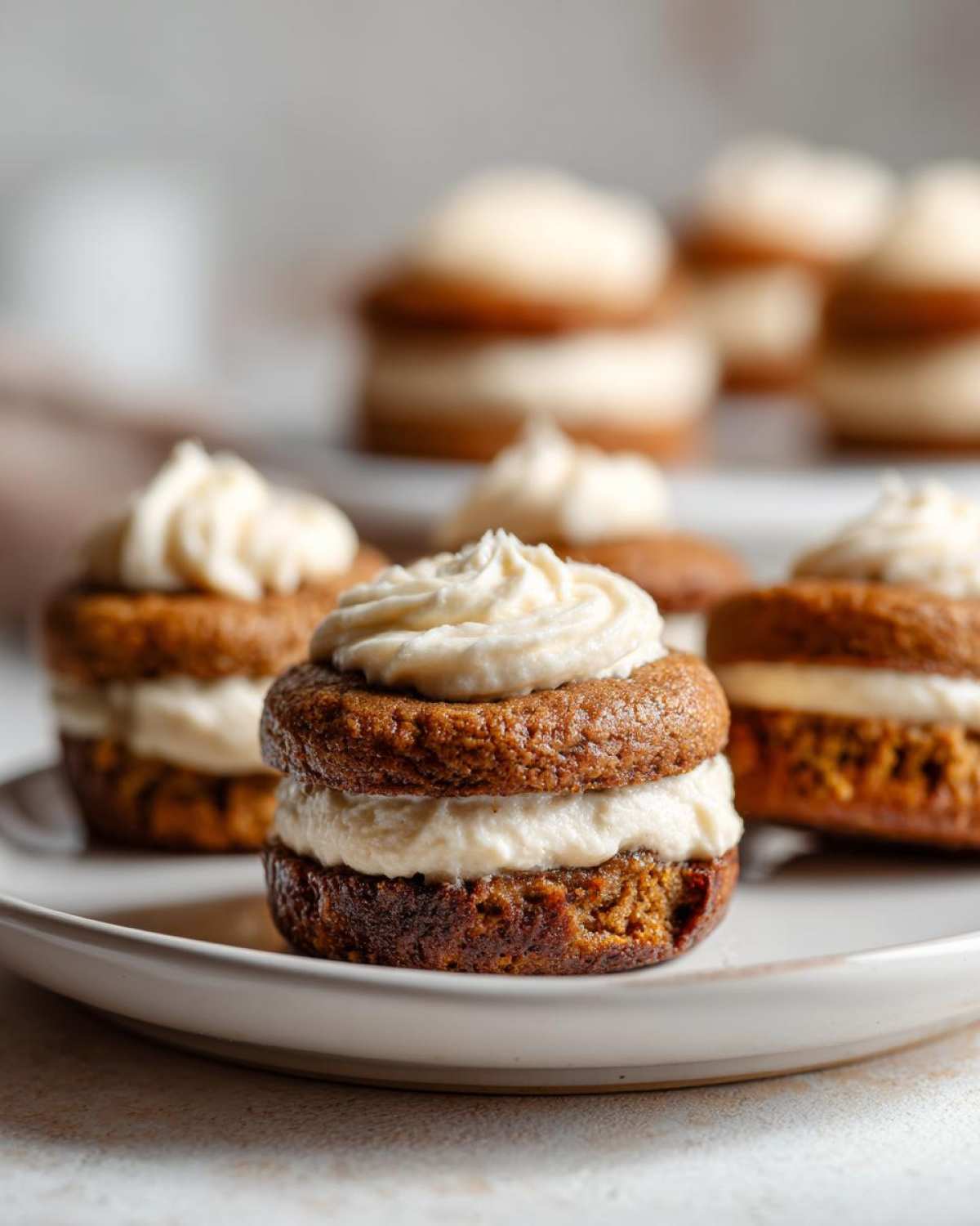 Close-up of stacked pumpkin cheesecake cookies with creamy filling on a white plate.