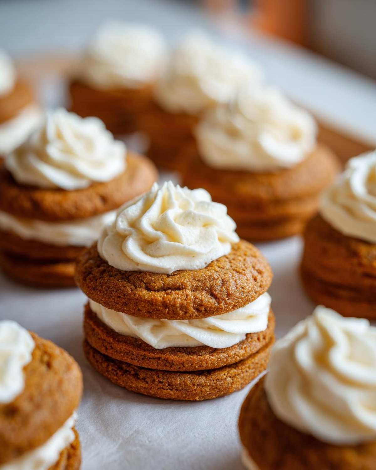 Delicious pumpkin cheesecake cookies stacked with cream cheese frosting on a white surface.