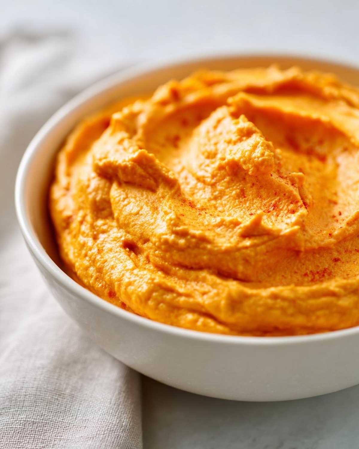 Close-up of a bowl filled with smooth, vibrant pumpkin cream cheese, sprinkled with a touch of spice.