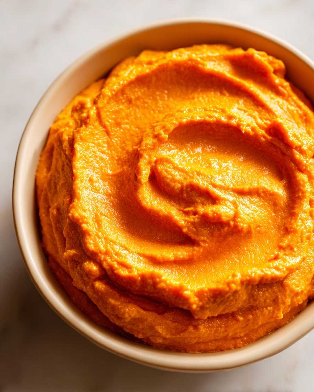 Overhead view of a bowl filled with smooth, vibrant orange pumpkin cream cheese.