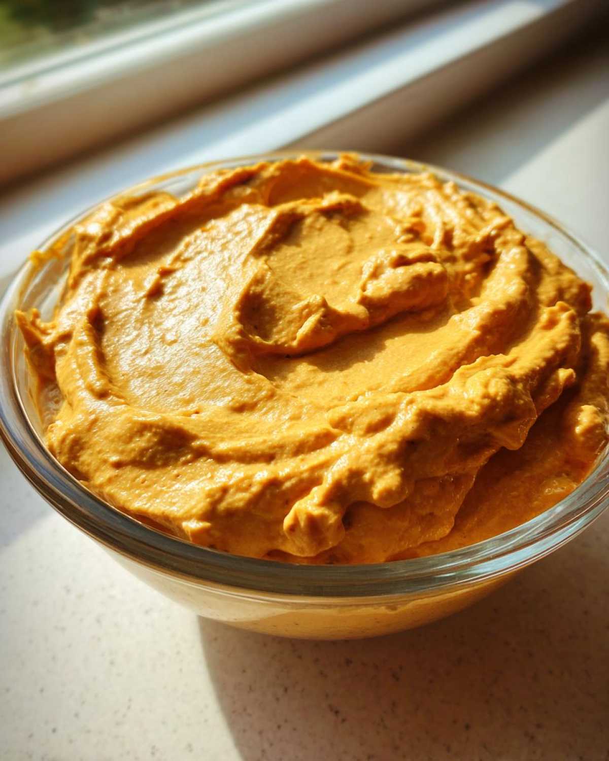 Close-up of smooth pumpkin cream cheese in a clear glass bowl, ready to serve.